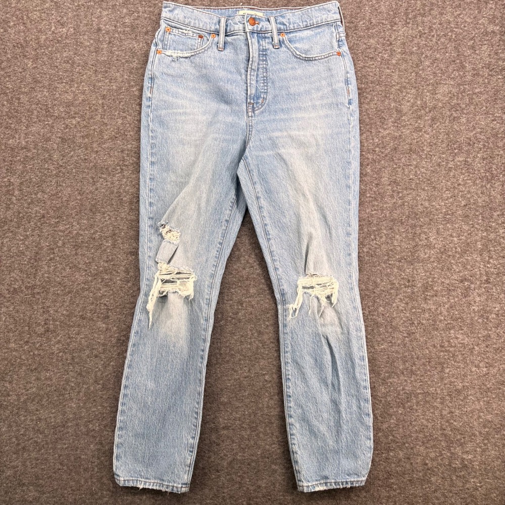 Madewell Perfect Vintage Jeans Light Wash Ripped Knee High Rise Straight Leg 28 - Picture 2 of 13